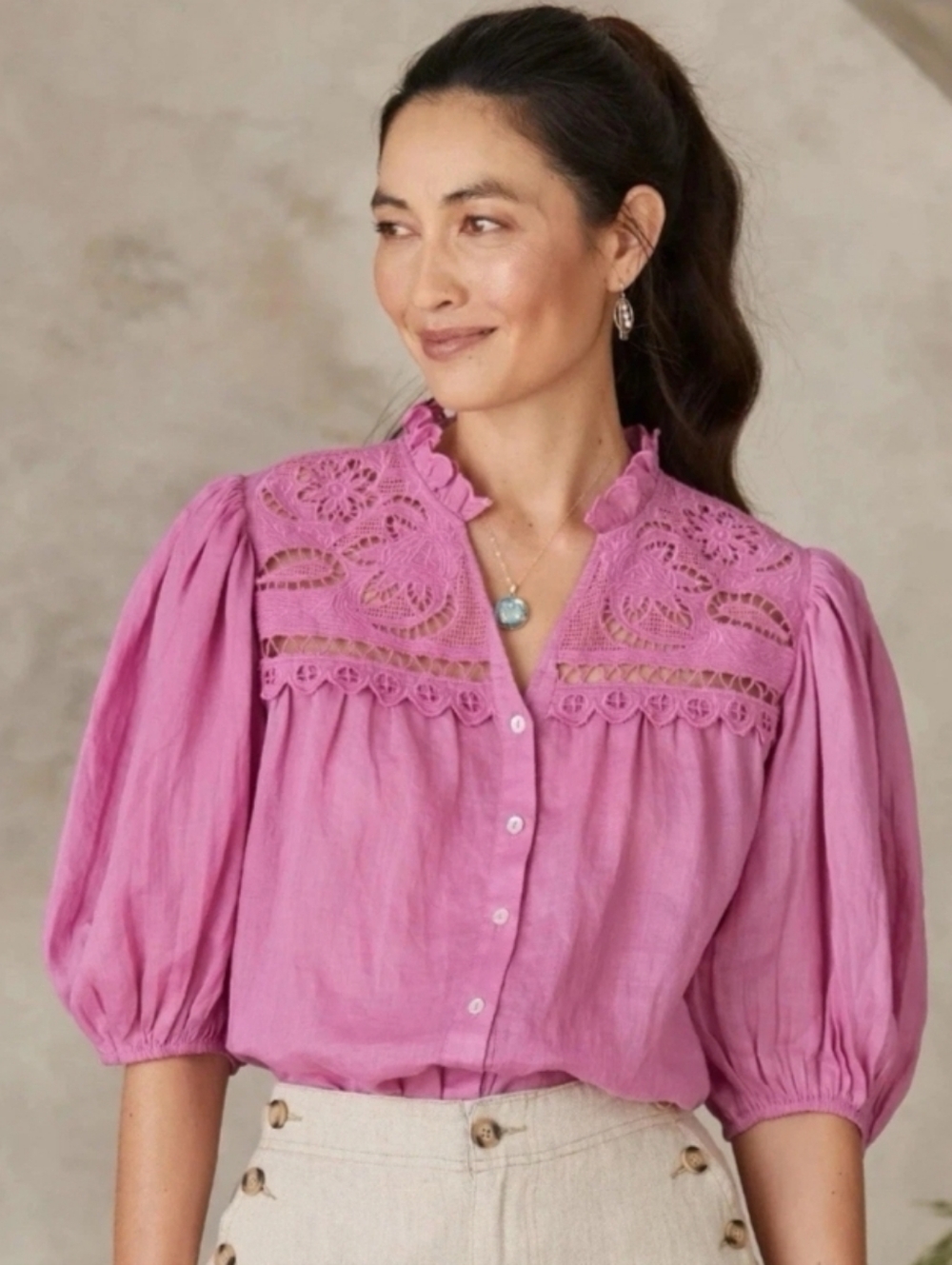 NWT Sundance Dianna Lace Blouse Bloom Pink Button Down 3/4 Sleeve Size Small